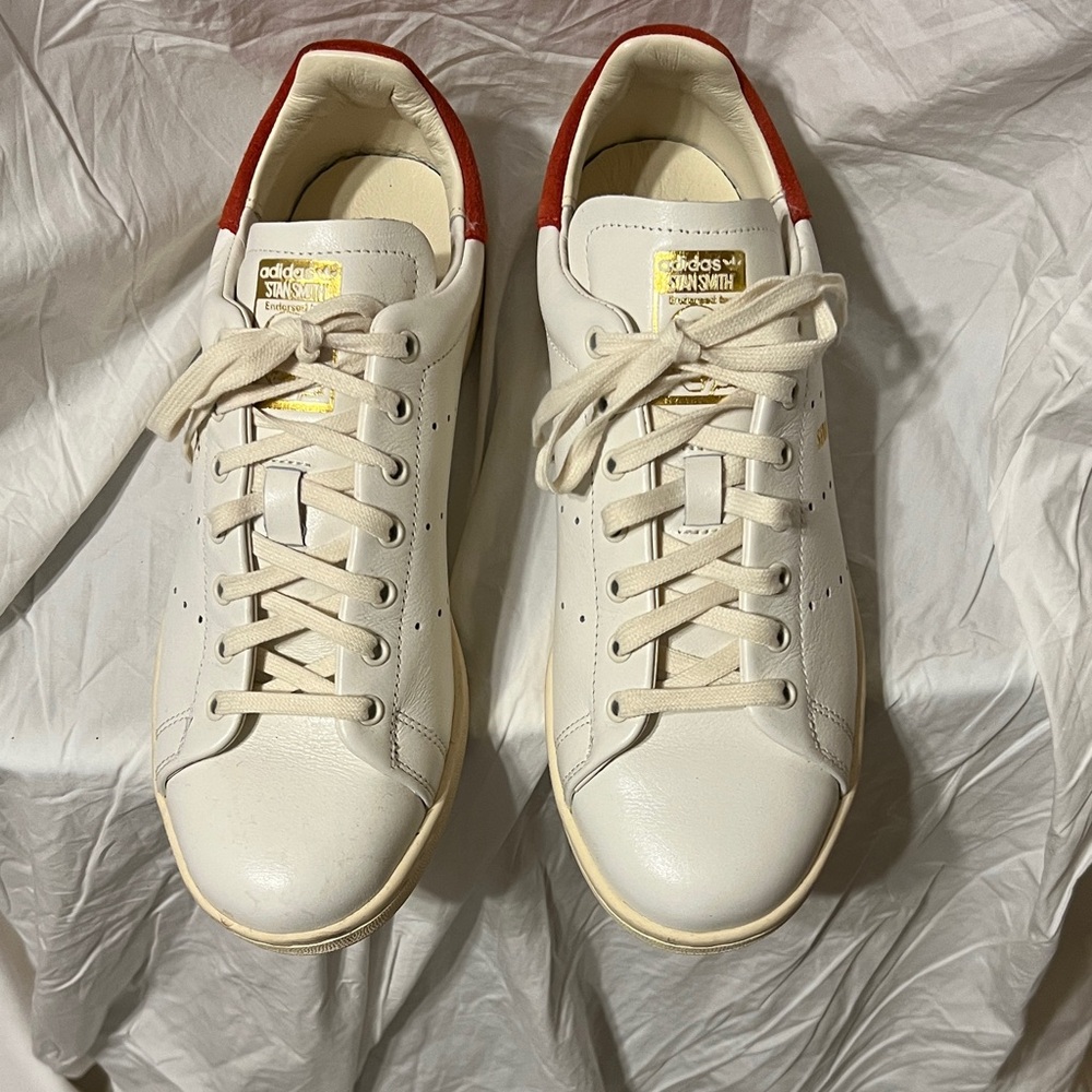Adidas White and Orange Stan Smith Sneakers